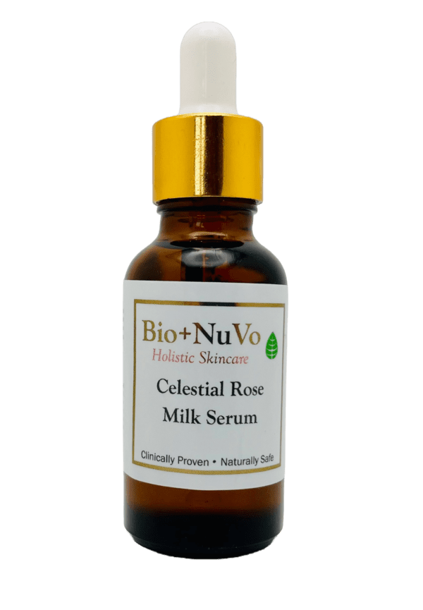 A bottle of serum with green background